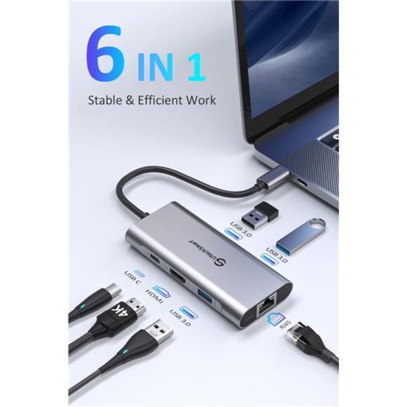 USB C Hub, 6 In 1 USB C to HDMI Adapter with 1000M Ethernet - Picture 2 of 5